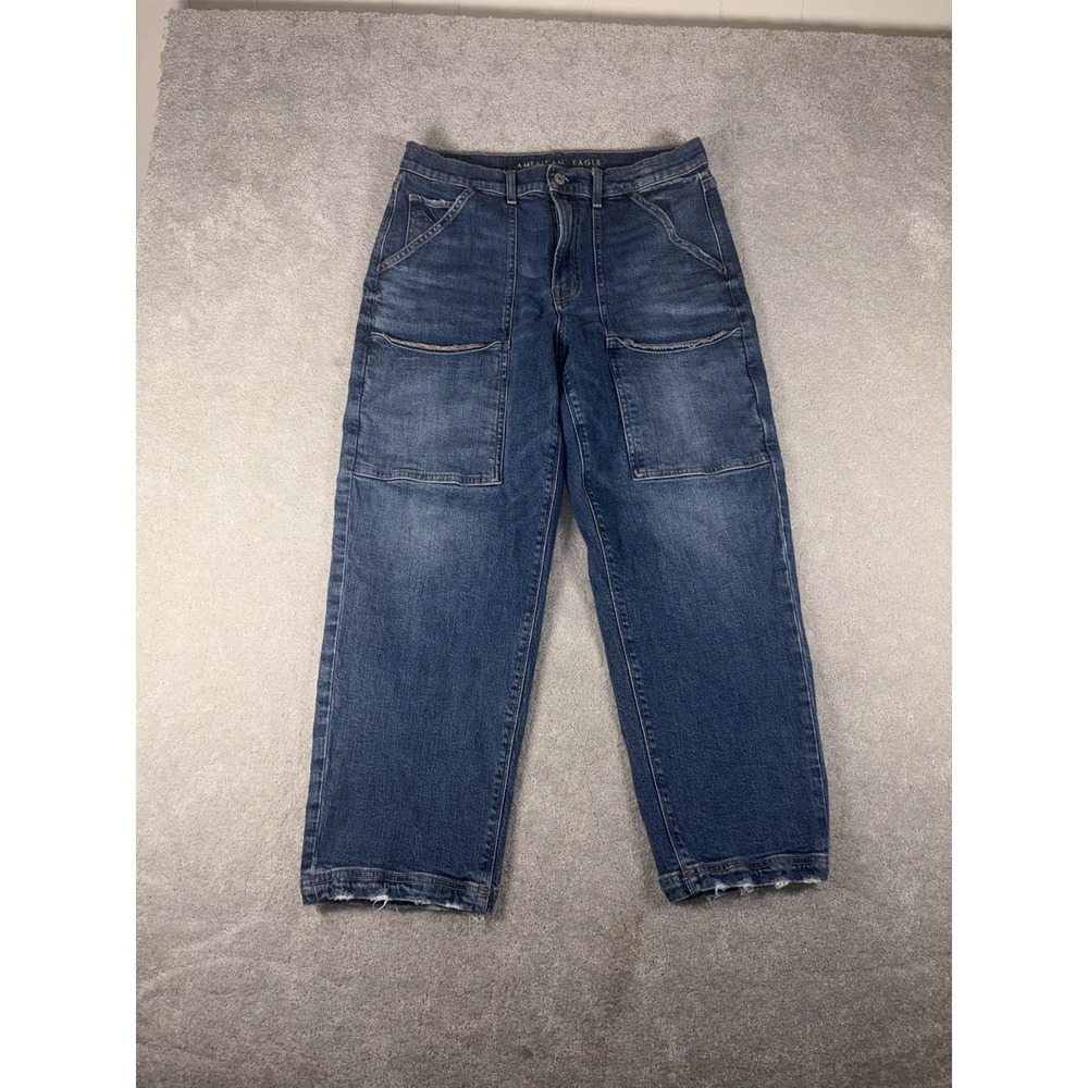 American Eagle Super High Rise Baggy Straight Cargo Jeans Size 12 Short Denim